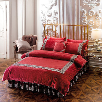 HKM-731859 Elegant Four-Piece Polyester Thick Crystal Velvet Bedding Set with Quilted Design