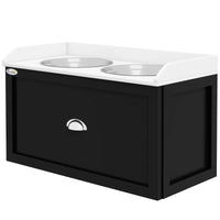HKM-7319485 Elevated Pet Feeding Station with Storage and Stainless Steel Bowls for Large Dogs, White and Black