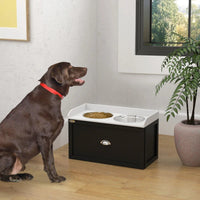HKM-7319485 Elevated Pet Feeding Station with Storage and Stainless Steel Bowls for Large Dogs, White and Black