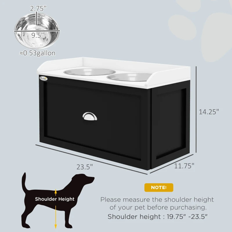 HKM-7319485 Elevated Pet Feeding Station with Storage and Stainless Steel Bowls for Large Dogs, White and Black