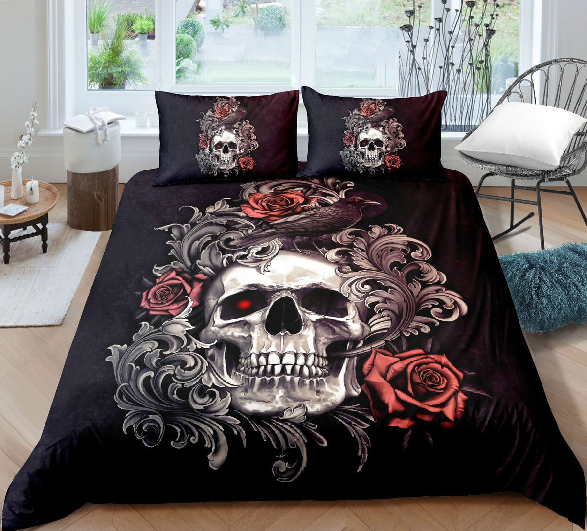 HKM-732051 Skull-Themed 3D Digital Print Bedding Set - Quilt Cover & Pillowcases in Multiple Sizes
