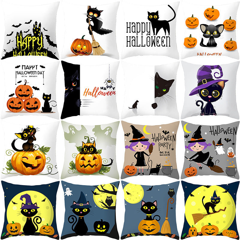 HKM-732115 Halloween Pumpkin Black Cat Pillowcase - Soft Peach Skin Material, Digital Print, 45x45cm