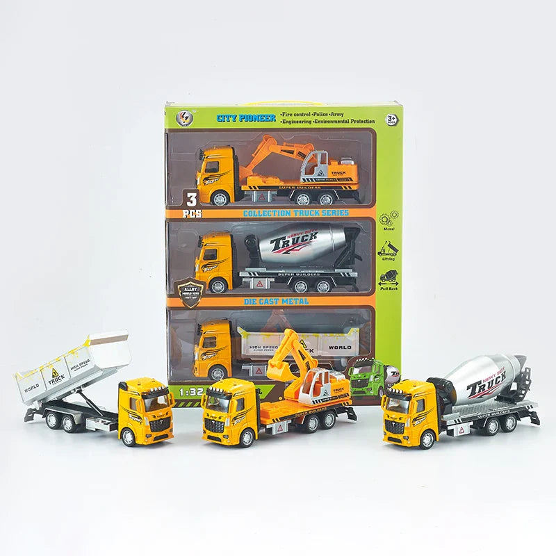 HKM-732307 3-in-1 Diecast Pull Back Engineering Vehicle Set for Kids – Alloy Construction Toys