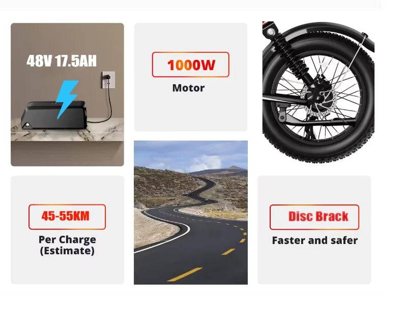 HKM-732371 Adult Electric City Bike 2000W Dual Motor 48V Lithium Battery 6-Speed Range 50-60km 20" Road Bike