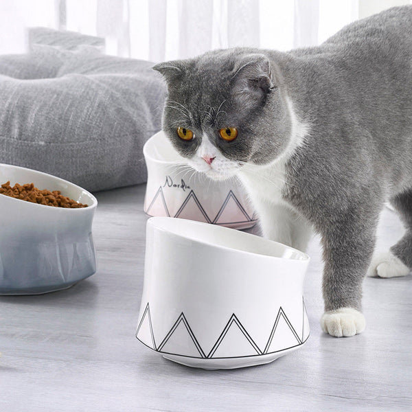 HKM-7323965 Ceramic Cat Bowl in Grey, Pink, and White - Stylish Feeding Dish for Cats