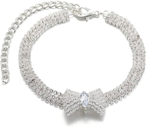 HKM-7327037 Adjustable Crystal Bow Pet Collar for Small & Medium Dogs and Cats - Sparkling Rhinestone Design