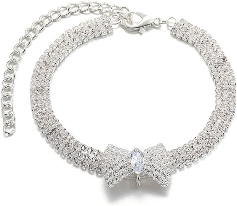 HKM-7327037 Adjustable Crystal Bow Pet Collar for Small & Medium Dogs and Cats - Sparkling Rhinestone Design