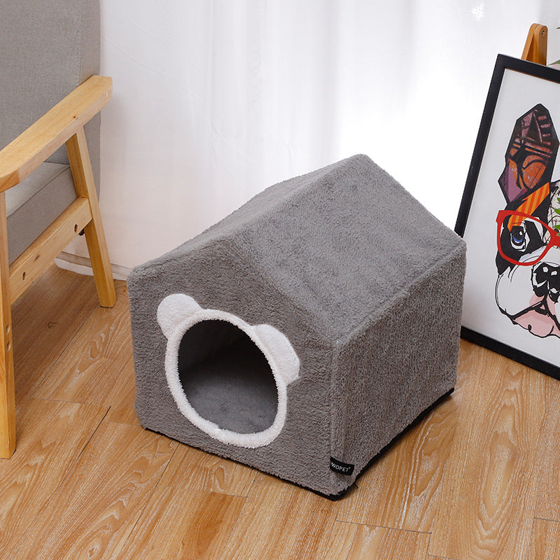 HKM-7329597 Winter Four Seasons Cat Enclosed House Villa - Removable & Washable in Brown or Gray, Medium Size