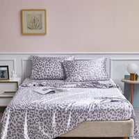 HKM-733203 Satin Artificial Silk Four-Piece Bed Sheet Set with Digital Silver Leopard Print Design