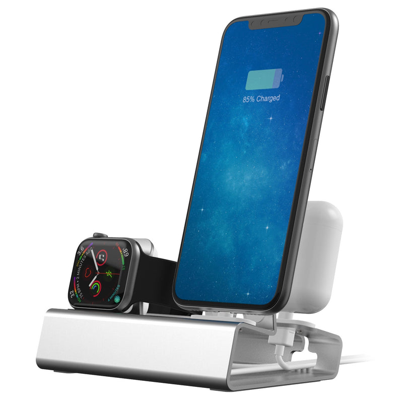 HKM-733267 Three-in-One Adjustable Aluminum Alloy Charging Stand for iPhone, AirPods, and Apple Watch