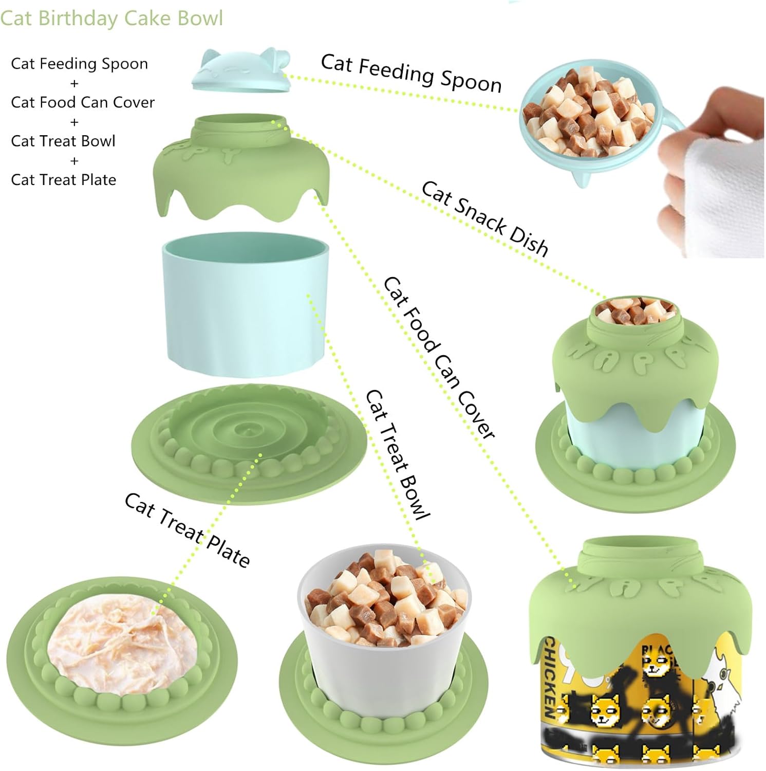 HKM-7336765 Cat Birthday Celebration Set with Cake-Shaped Slow Feeder Bowl, Food Can Cover & Spoon