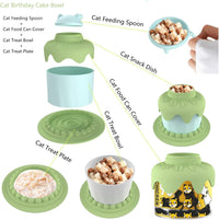 HKM-7336765 Cat Birthday Celebration Set with Cake-Shaped Slow Feeder Bowl, Food Can Cover & Spoon
