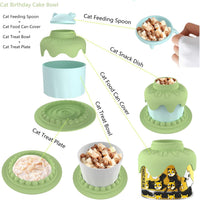 HKM-7336765 Cat Birthday Celebration Set with Cake-Shaped Slow Feeder Bowl, Food Can Cover & Spoon