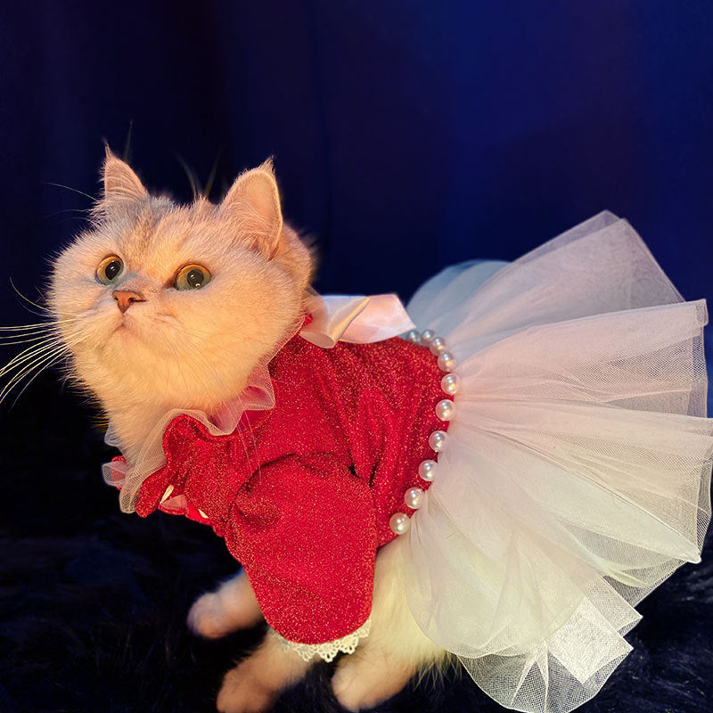 HKM-7337661 Red Princess Tutu Dress for Female Cats - Wedding and Spring Outfit, Multiple Sizes Available