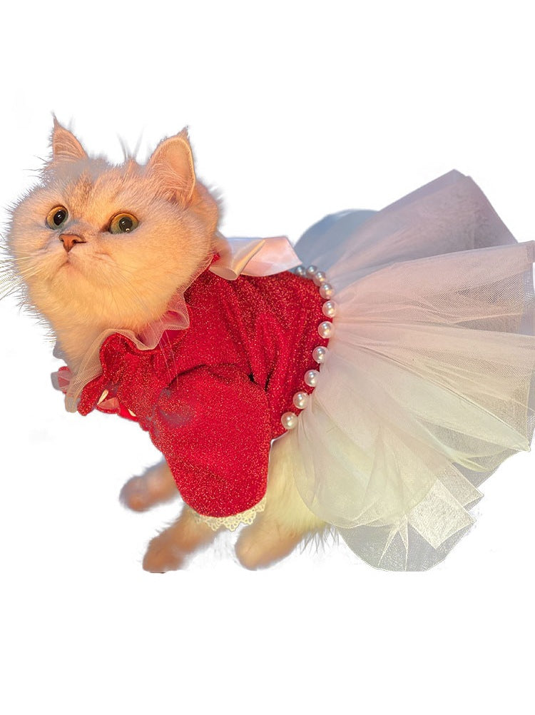 HKM-7337661 Red Princess Tutu Dress for Female Cats - Wedding and Spring Outfit, Multiple Sizes Available