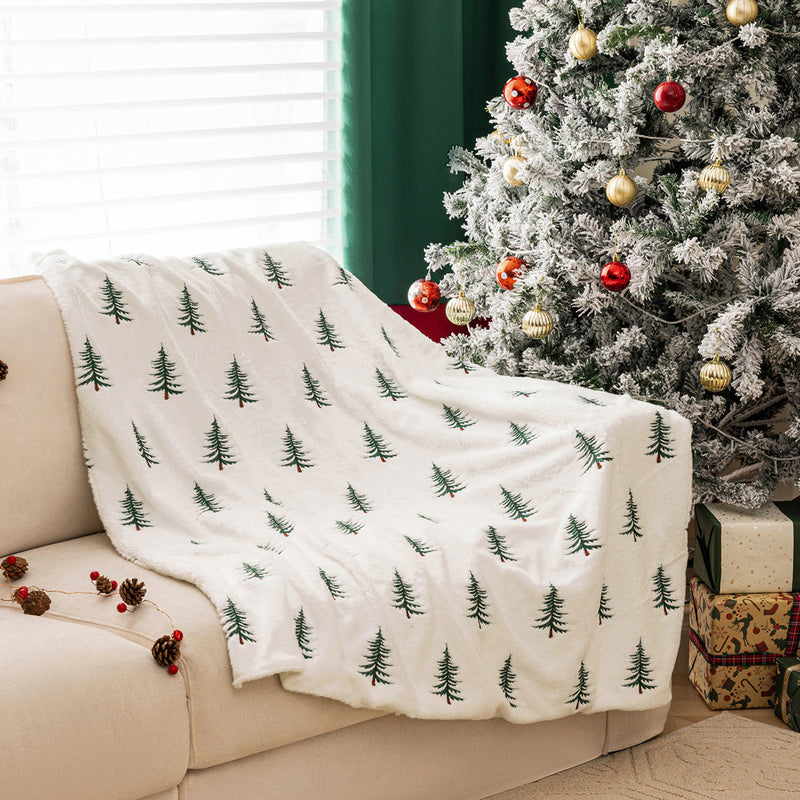 HKM-7341885 Christmas Tree Embroidered Plush Throw Blanket for Sofa, Available in Two Sizes