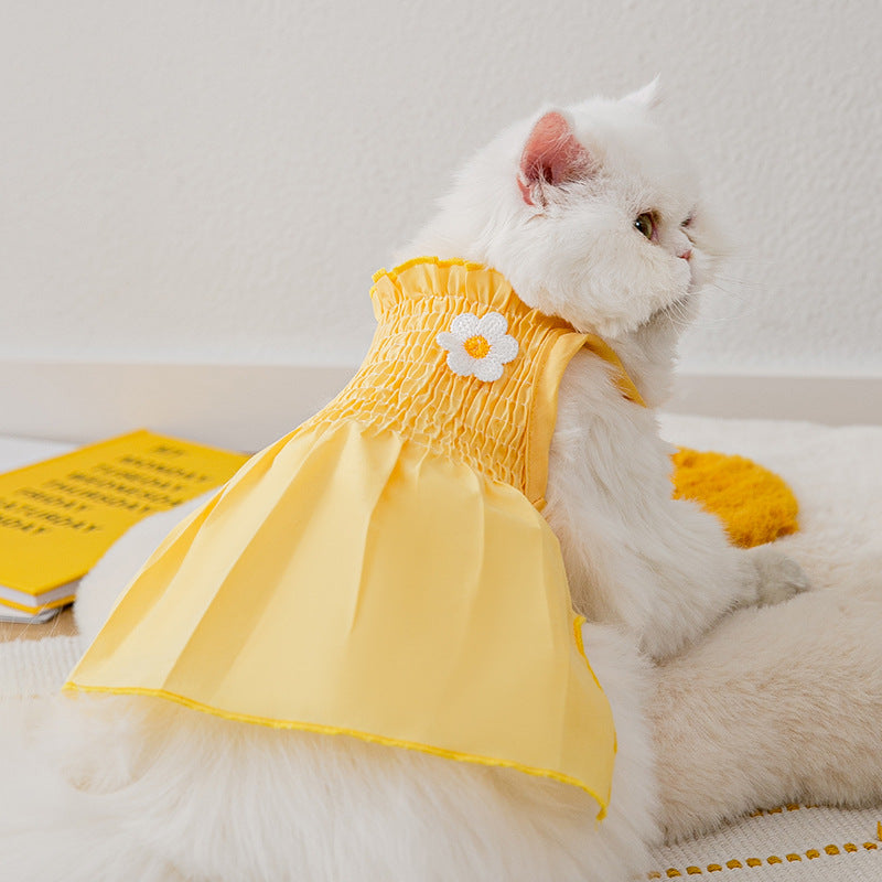 HKM-7342653 Sunflower Print Two-Foot Dog Dress in Yellow and Beige, Casual Style Pet Skirt