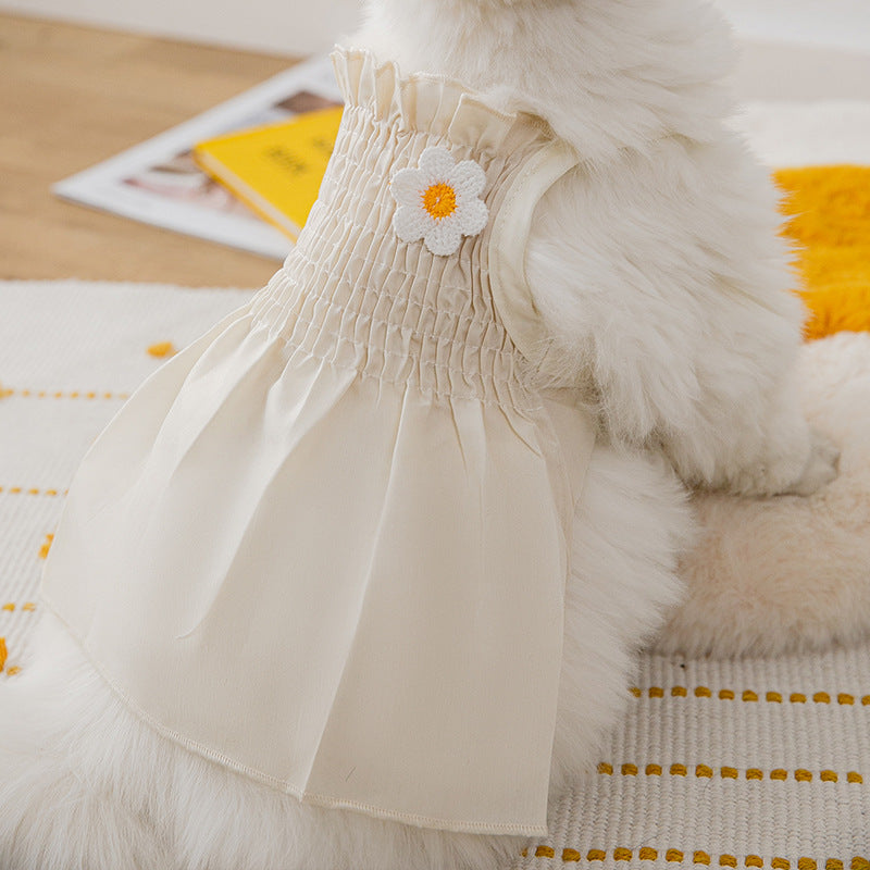 HKM-7342653 Sunflower Print Two-Foot Dog Dress in Yellow and Beige, Casual Style Pet Skirt