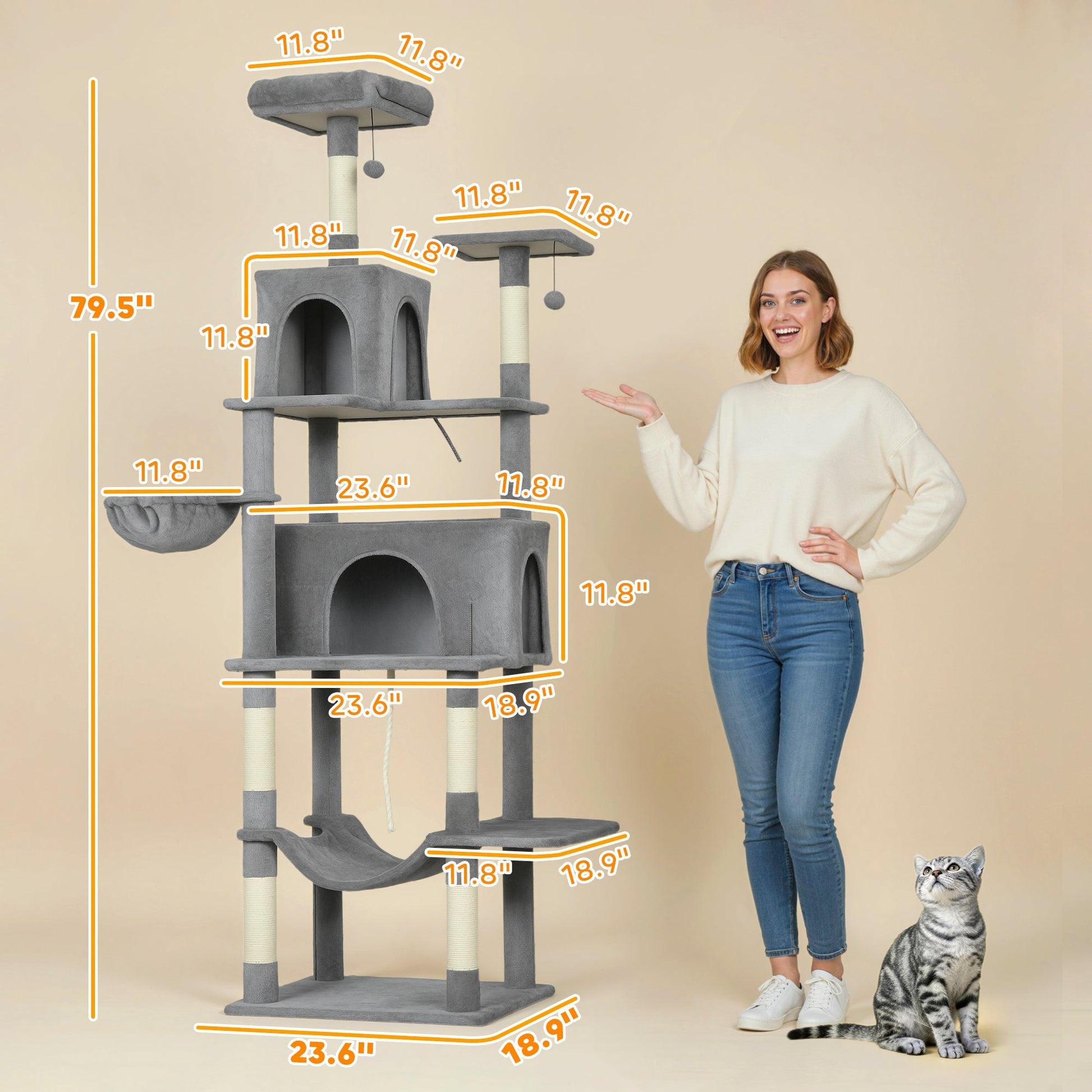 HKM-7344317 Multi-Level Cat Tree with Condos, Hammocks, and Scratching Posts - 80" Tall Dark Gray Cat Tower
