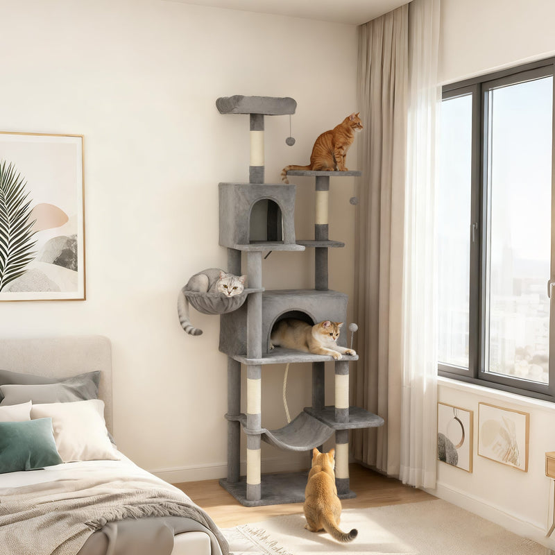 HKM-7344317 Multi-Level Cat Tree with Condos, Hammocks, and Scratching Posts - 80" Tall Dark Gray Cat Tower