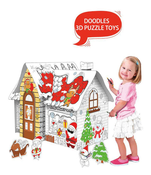 HKM-734931 3D DIY Paper Puzzle Set for Kids - Christmas House Coloring and Assembly Fun