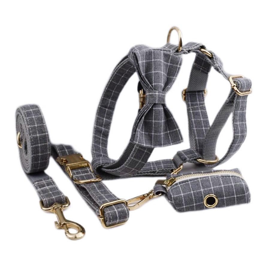 HKM-735059 Gray Plaid Flannel Pet Five-Piece Set with Collar, Leash, Bow, Vest, and Poop Bag