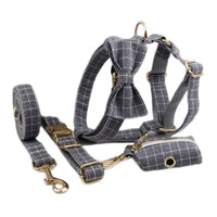 HKM-735059 Gray Plaid Flannel Pet Five-Piece Set with Collar, Leash, Bow, Vest, and Poop Bag