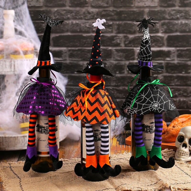 HKM-735315 Halloween Witch Hat Bottle Cover with Long Legs - Handmade Polyester Ornament