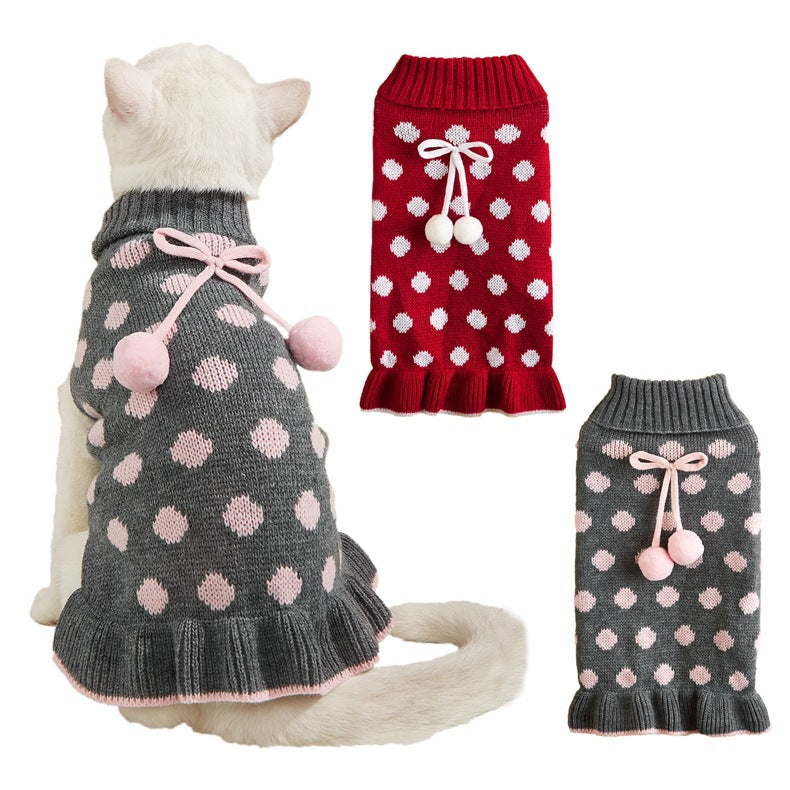 HKM-7354557 Polka Dot Lotus Leaf Sweater for Dogs and Cats in Red and Gray