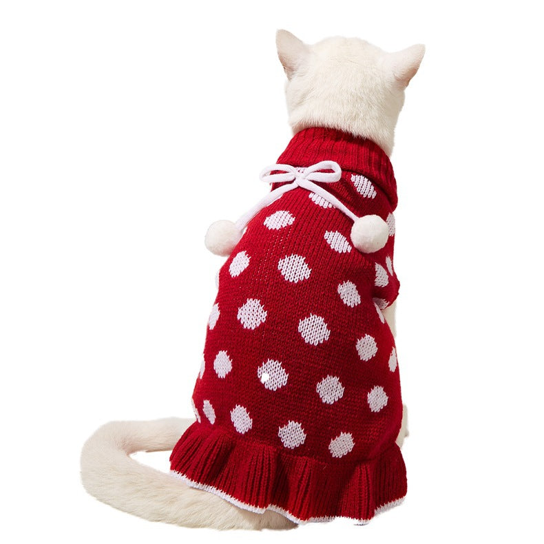 HKM-7354557 Polka Dot Lotus Leaf Sweater for Dogs and Cats in Red and Gray