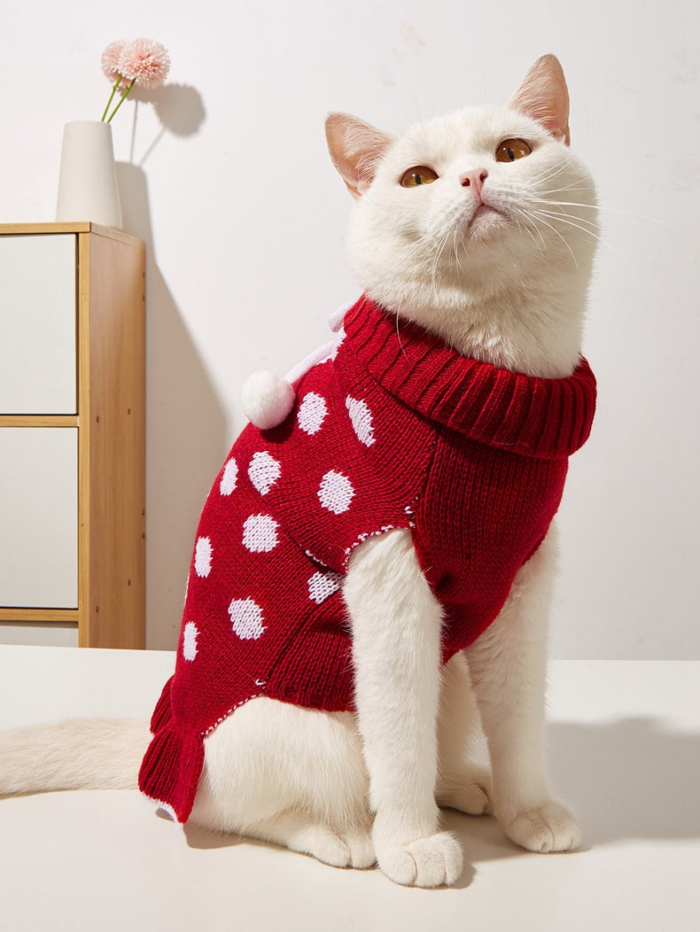 HKM-7354557 Polka Dot Lotus Leaf Sweater for Dogs and Cats in Red and Gray