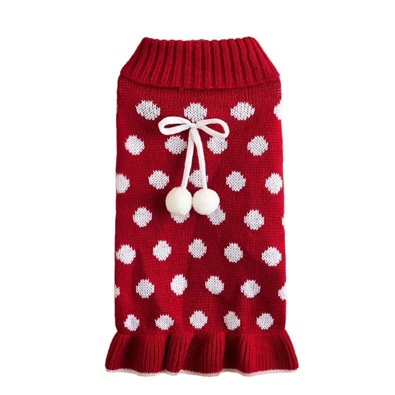 HKM-7354557 Polka Dot Lotus Leaf Sweater for Dogs and Cats in Red and Gray
