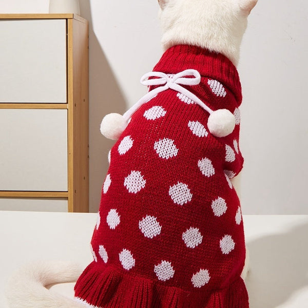 HKM-7354557 Polka Dot Lotus Leaf Sweater for Dogs and Cats in Red and Gray