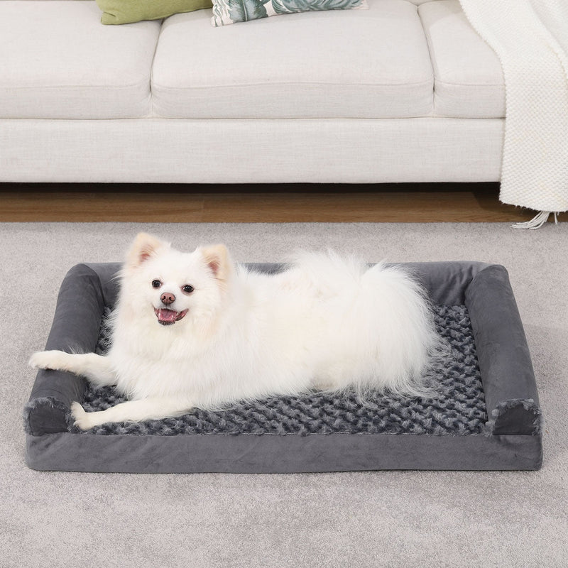 HKM-7360573 Removable and Washable U-shaped Pet Sofa in Gray, Embossed Velvet with Sponge Cushioning