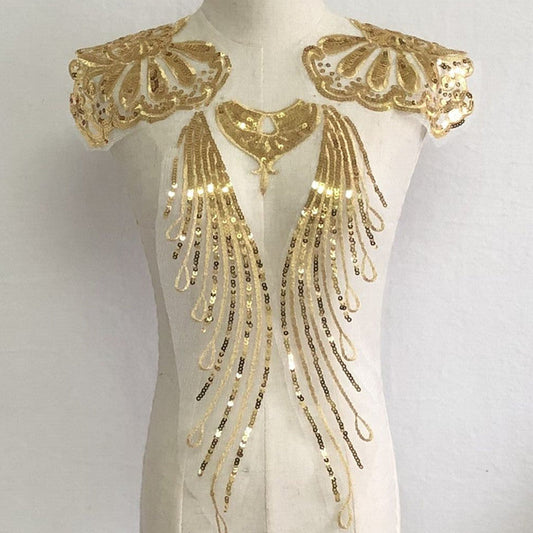 HKM-736339 Gold Glitter Embroidered Fabric Patch for Dance and Wedding Dress Decoration
