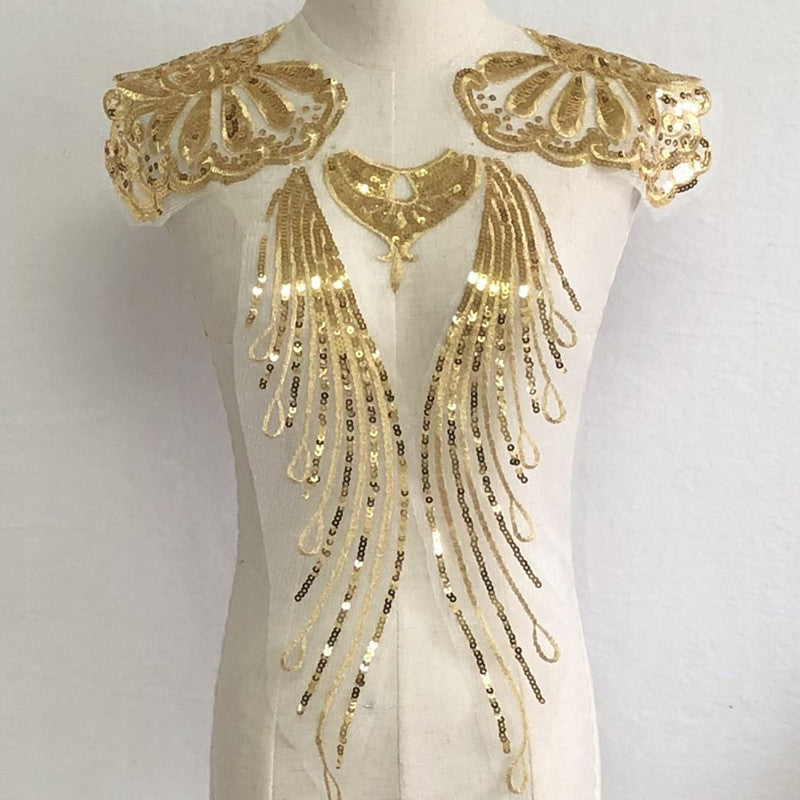 HKM-736339 Gold Glitter Embroidered Fabric Patch for Dance and Wedding Dress Decoration