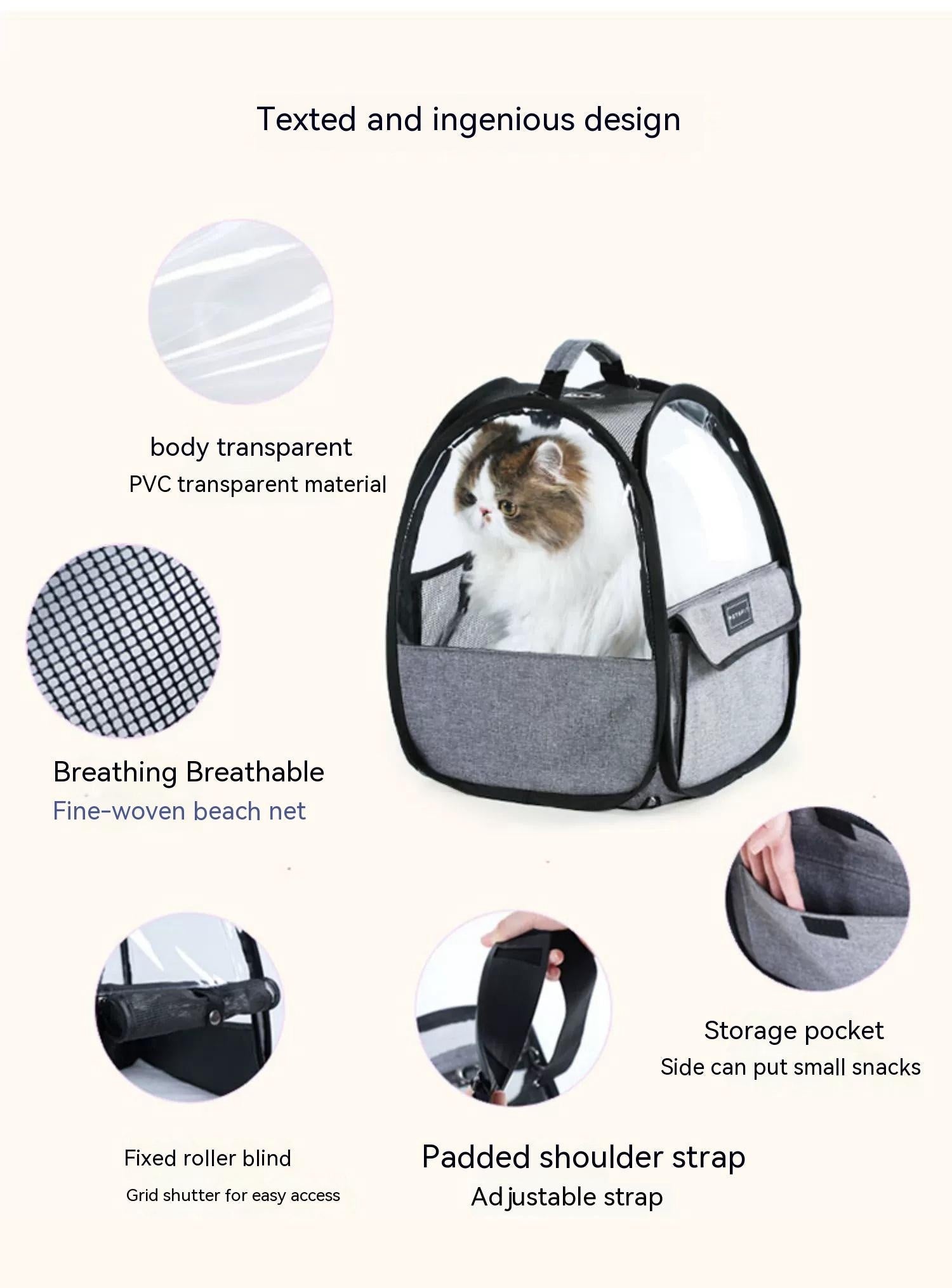 HKM-7364541 Foldable Portable Cat Carrier Bag - Lightweight Transparent Design in Gray