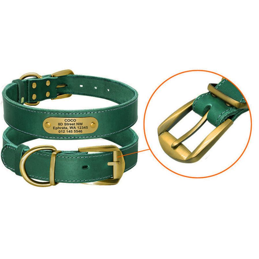 HKM-736531 Personalized Cowhide Dog Collar with Nameplate ID Tag for Medium to Large Dogs