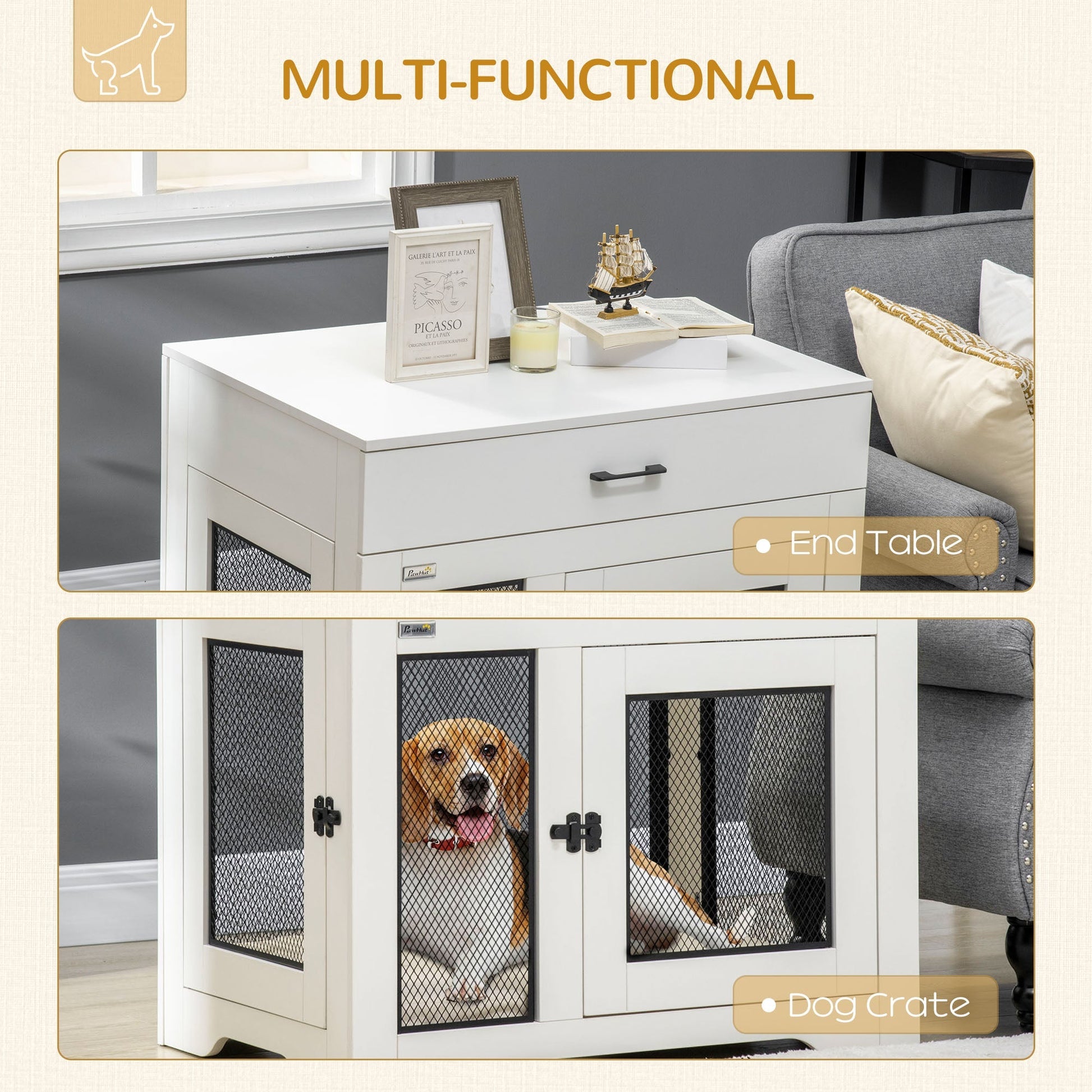 HKM-7365949 Multipurpose Dog Crate Furniture with Water-Resistant Cushion and Dual Doors