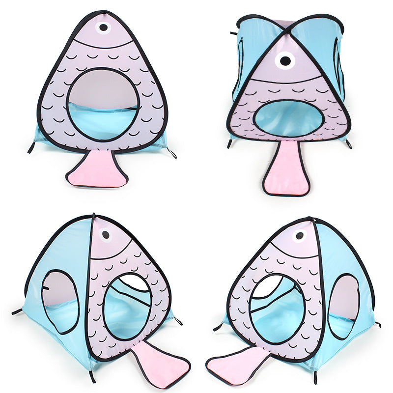 HKM-7367101 Foldable Cat Tent with Fish Design - 3-Piece Pet Toy Set