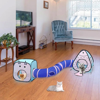 HKM-7367101 Foldable Cat Tent with Fish Design - 3-Piece Pet Toy Set