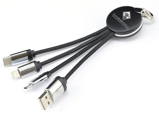 HKM-736723 Universal 3-in-1 Fast Charge Data Keychain Cable - Lightning, Micro USB, Type-C, 16.5cm Length