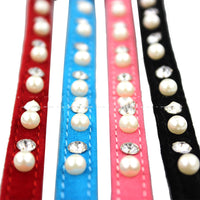 HKM-7370045 Dog Flocking Pearl Rhinestone Collar - Comfortable PU Leash in Blue, Black, Red, and Pink