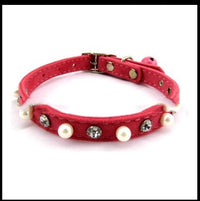 HKM-7370045 Dog Flocking Pearl Rhinestone Collar - Comfortable PU Leash in Blue, Black, Red, and Pink