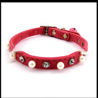 HKM-7370045 Dog Flocking Pearl Rhinestone Collar - Comfortable PU Leash in Blue, Black, Red, and Pink