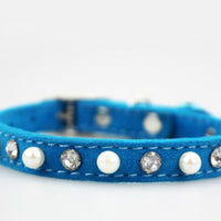 HKM-7370045 Dog Flocking Pearl Rhinestone Collar - Comfortable PU Leash in Blue, Black, Red, and Pink