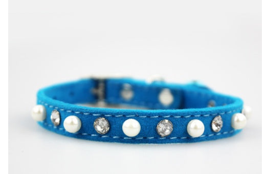 HKM-7370045 Dog Flocking Pearl Rhinestone Collar - Comfortable PU Leash in Blue, Black, Red, and Pink