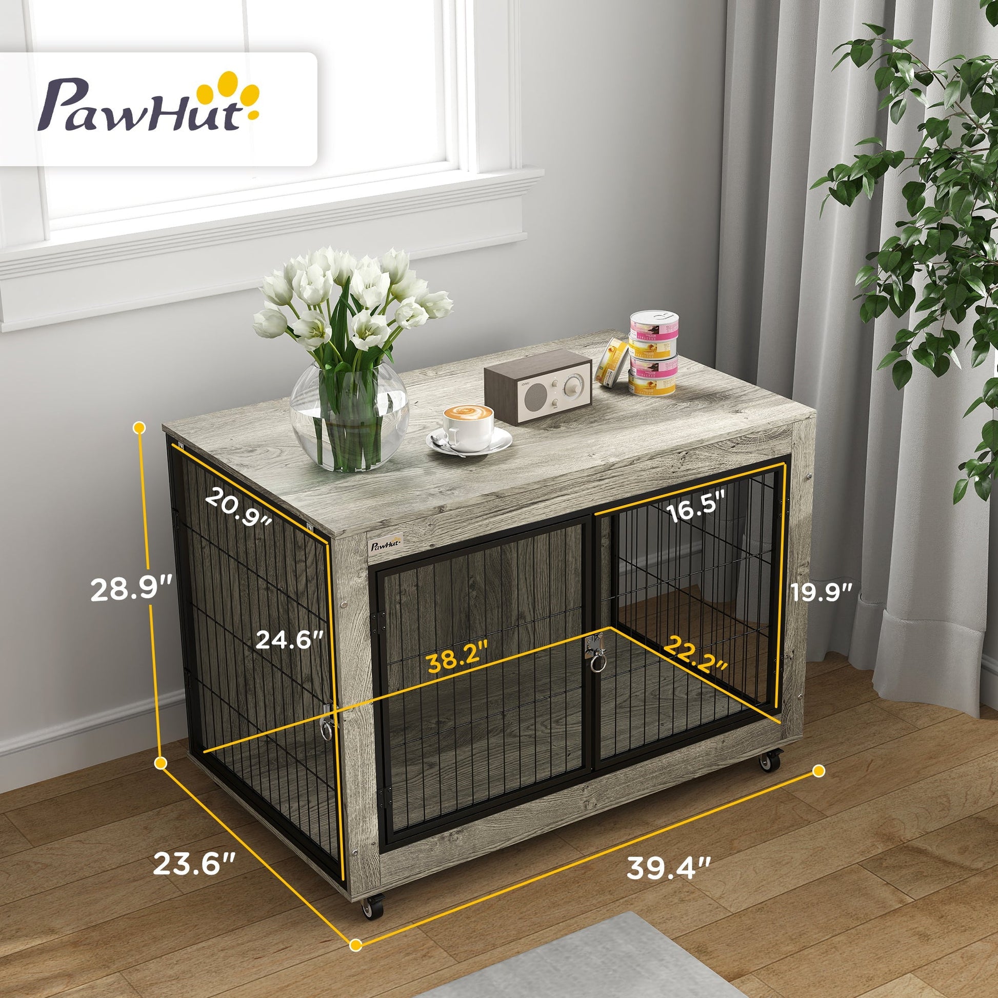 HKM-7371709 39" Multi-functional Dog Crate Furniture Side Table with Wheels - Gray, Suitable for Large Dogs Up to 66 lbs