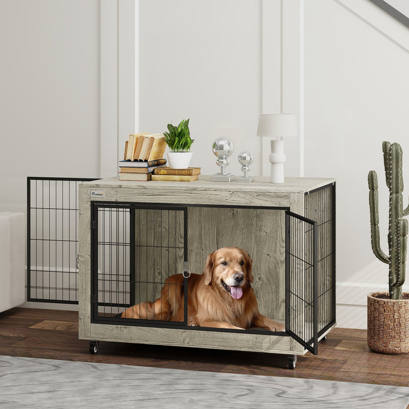 HKM-7371709 39" Multi-functional Dog Crate Furniture Side Table with Wheels - Gray, Suitable for Large Dogs Up to 66 lbs