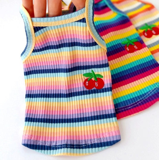 HKM-7373629 Color Striped Cherry Vest for Small Dogs - Casual Cotton Apparel in Blue, Purple, and Orange